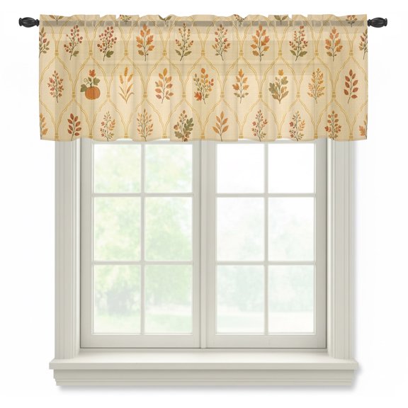 Fall Botanical Sheer Curtain 18 Inch Long Vintage Orange Pumpkins Damask Frames Rustic Leaves Light Filtering Rod Pocket Voile Curtain Valance for Bedroom Kitchen Cafe Window 42" W x 18" L