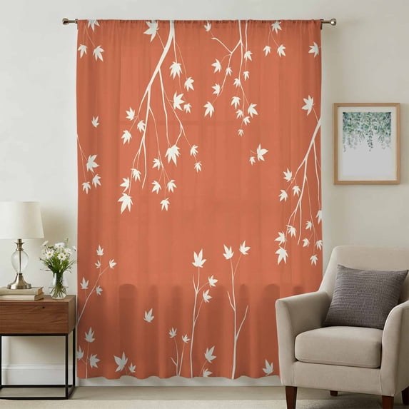 Fall Botanical Sheer Curtains 108 Inches Extra Long, Orange Autumn Maple Leaf Farmhouse Light Filering Curtains, Privacy Drapes Simi Floor to Veiling Curtain for Living Room Bedroom Window Treatment