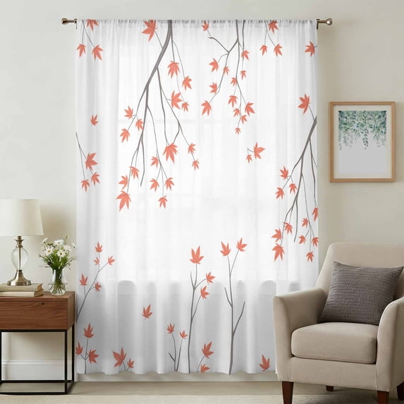 Fall Botanical Sheer Curtains 108 Inches Extra Long, Orange Autumn Maple Leaf Light Filering Curtains, Privacy Drapes Simi Floor to Veiling Curtain for Living Room Bedroom Large Window Treatment