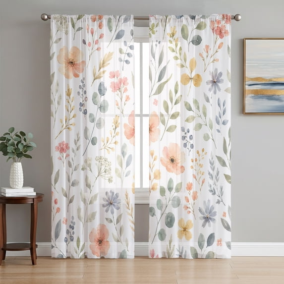 Fall Botanical Sheer Curtains 63 Inch Length 2 Panels Set, Autumn Farmhouse Country Flower Leaf Voile Window Treatment Rod Pocket Curtains Sheers Drapes for Bedroom/Living Room/Kitchen 52x"63"x2