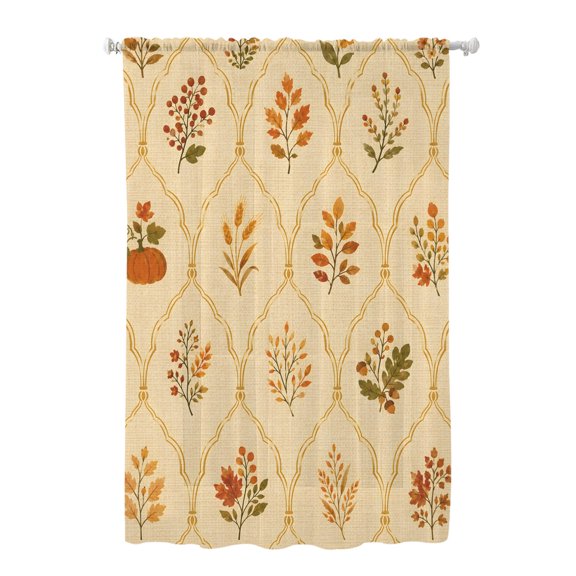 Fall Botanical Sheer Curtains 63 Inch Long 1 Panel Vintage Orange Pumpkins Damask Frames Rustic Leaves Light Filterring Curtain Drapes Voile Window Curtain for for Living Room Bedroom 52" x 63"