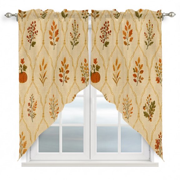 Fall Botanical Swag Curtain Valance for Windows, Vintage Orange Pumpkins Damask Frames Rustic Leaves Window Treatments Short Swag Topper for Kitchen Windows Bathroom Bedroom, 28"x36"