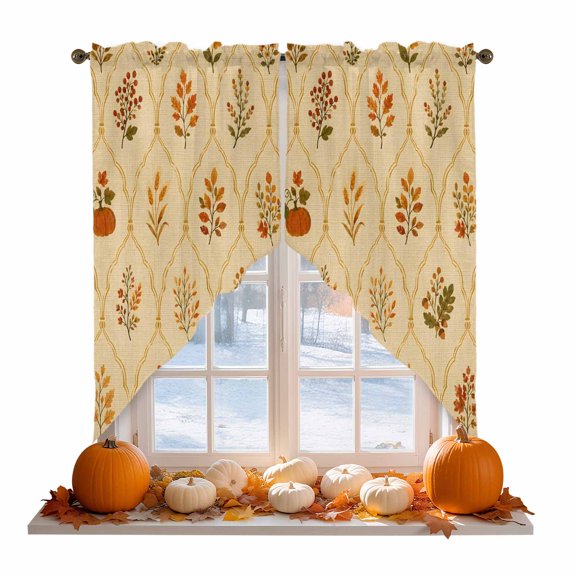 Fall Botanical Swag Curtain Valances for Kitchen, Vintage Orange Pumpkins Damask Frames Rustic Leaves Rod Pocket Curtains Window Treatment Swag Valance for Bedroom Bathroom, 2 Panels 36 x 45 Inch