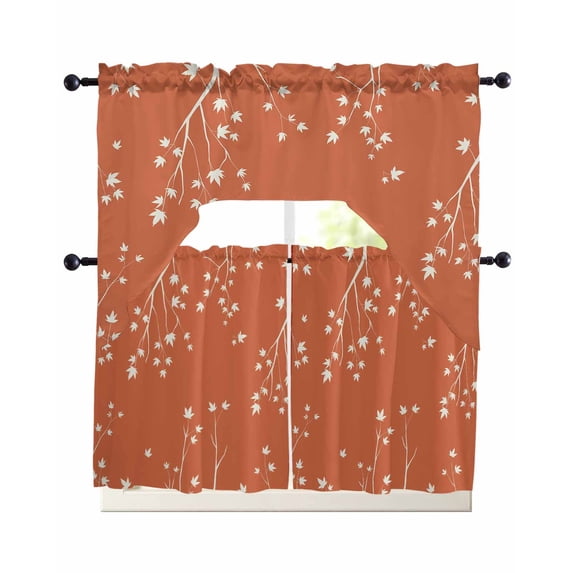Fall Botanical Swag Kitchen Curtains Sets for Windows 24 Inch Length, Orange Autumn Maple Leaf Farmhouse Short Window Curtain Panels Swags Valances and Tiers 3 Piece Set for Cafe/Dining Room