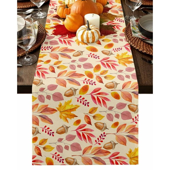 Fall Botanical Table Runner-Cotton Linen- 36 Inch Holiday Dresser Scarves, Autumn Berry Yellow Maple Leaves Watercolor Tablerunner for Kitchen Coffee/Dining Living Room Dinner Scarf Décor 13x36