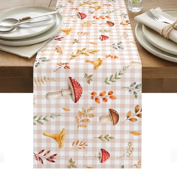 Fall Botanical Table Runner, Red Mushroom Green Brown Leaf Berry Rustic Pink Plaid Washable Kitchen Table Runners for Dining Table Decorations Party/Restaurant/Indoor Outdoor Use, 13x36in