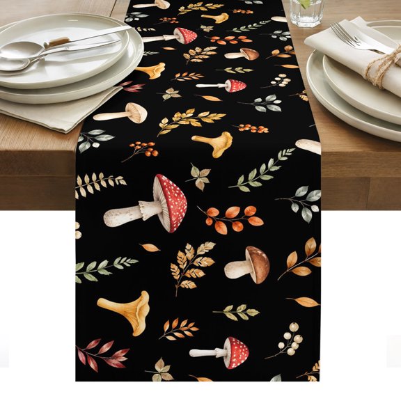 Fall Botanical Table Runner, Red Ochre Mushroom Green Brown Leaf Berry Rustic Black Washable Kitchen Table Runners for Dining Table Decorations Party/Restaurant/Indoor Outdoor Use, 13x36in