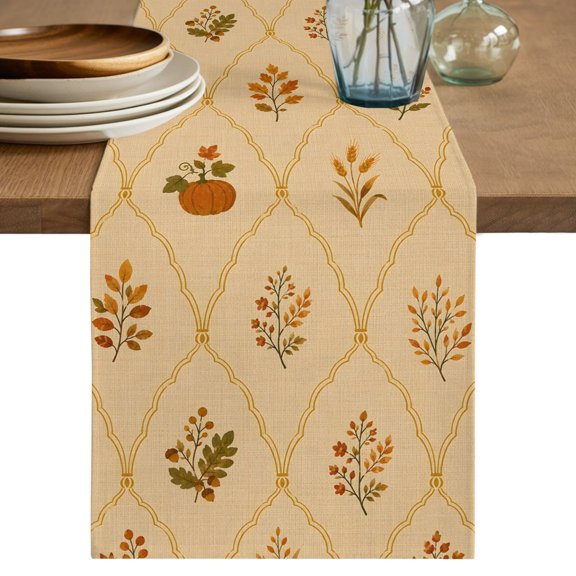 Fall Botanical Table Runner, Vintage Orange Pumpkins Damask Frames Rustic Leaves Cotton Linen Table Cloth, Tablerunner for Kitchen Dining Party Wedding Home Decor 13x36 Inch