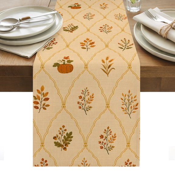 Fall Botanical Table Runner, Vintage Orange Pumpkins Damask Frames Rustic Leaves Washable Kitchen Table Runners for Dining Table Decorations Party/Restaurant/Indoor Outdoor Use, 13x120in