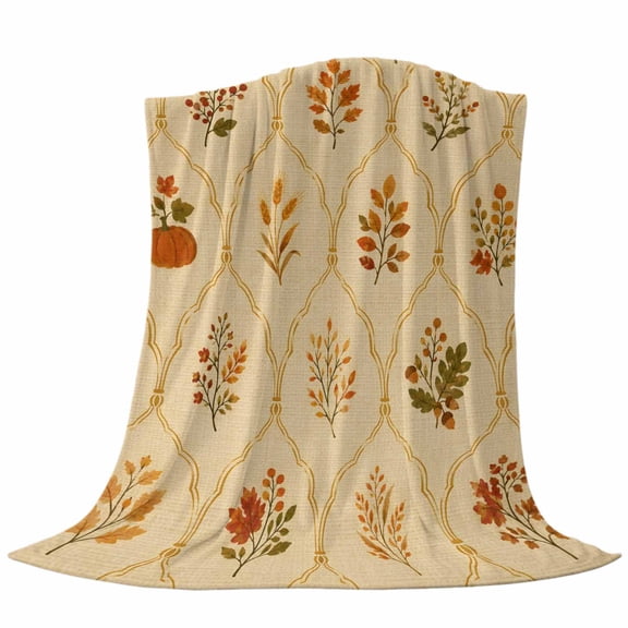 Fall Botanical Throw Flannel Blanket Vintage Orange Pumpkins Damask Frames Rustic Leaves Super Soft Cozy Bed Blanket, Lightweight Plush Fuzzy Bed Throw for Bedroom Sofa Couch Living Room 50x60in