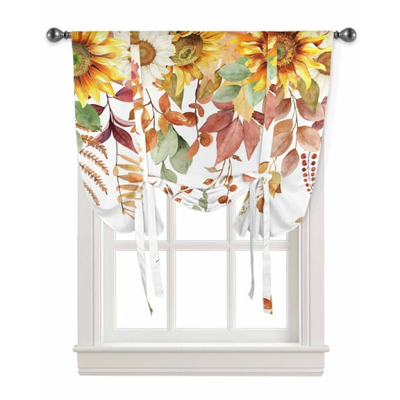 Fall Botanical Tie Up Curtains for Kitchen Bathroom Bedroom Windows 45 Inch Length, Sunflowers Maple Leaf Watercolor Balloon Drape Curtains Shade Rod Pocket Drapery Curtain Panel, 34"x45"
