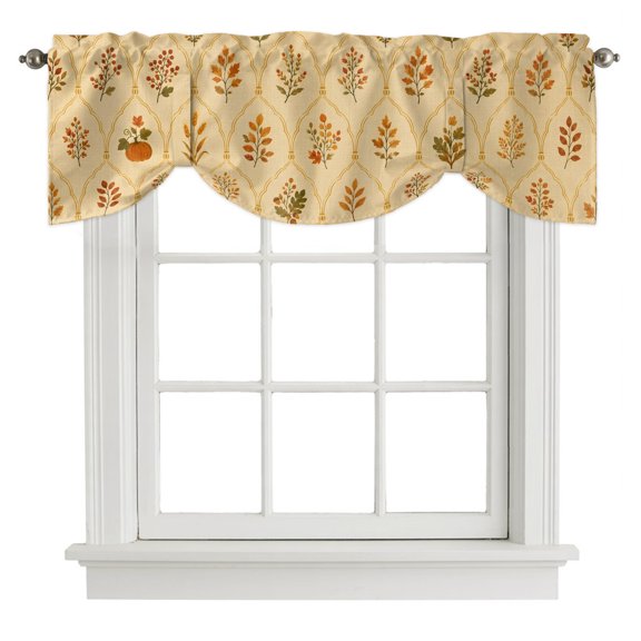 Fall Botanical Tie Up Valances Curtain, Vintage Orange Pumpkins Damask Frames Rustic Leaves Adjustable Valance for Window Light Filtering for Kitchen and Bathroom Rod Pocket 1 Panel 42x12in