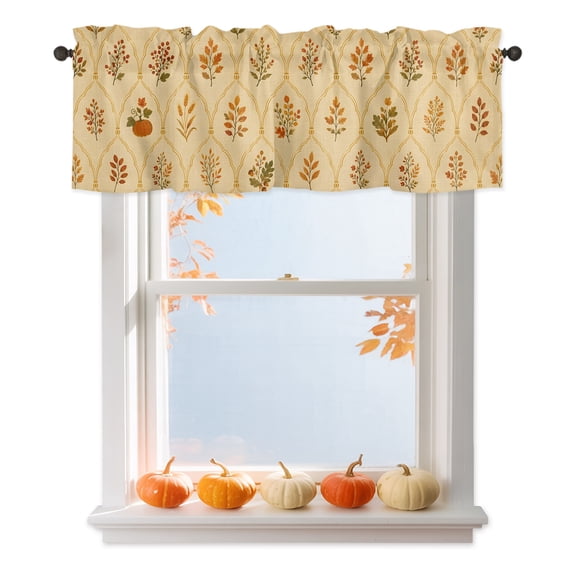Fall Botanical Valances for Windows, Vintage Orange Pumpkins Damask Frames Rustic Leaves Rod Pocket Valance Short Window Treatments Curtains for Kitchen Bathroom Bedroom Decor, 42 x 12 Inches