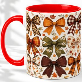 Fall Bow Mug, 11oz Ceramic Mug with Plaid Leopard Floral Artwork Ceramic drinkware with leopard, gingham, floral, and autumn bow artwork for coffee, tea, or office use