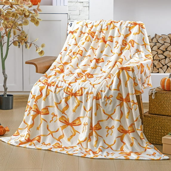 Fall Bow Throw Blanket Thanksgiving Orange Blanket Coquette Flannel Soft Cute Bow Stuff Lightweight Aesthetic Plush Room Decor for Sofa Couch Travel Bed, 50" x 60"