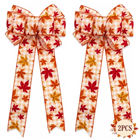 Fall Bows Thanksgiving Bows for Wreath Fall Decoration for Home Orange Ribbon Gift Bows Buffalo Plaid Check Pre-Tied Swag Bows Indoor Outdoor Décor 2PCS Design 5