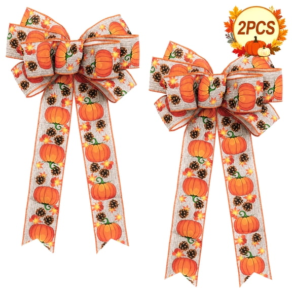 Fall Bows Thanksgiving Bows for Wreath Fall Decoration for Home Orange Ribbon Gift Bows Buffalo Plaid Check Pre-Tied Swag Bows Indoor Outdoor Décor 2PCS Design 3