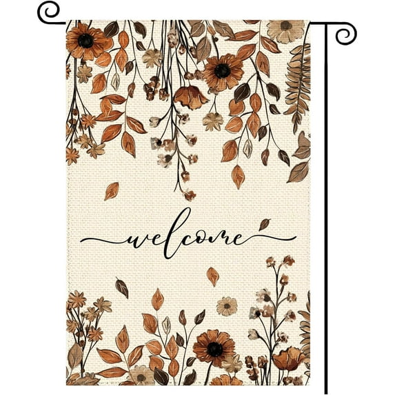 Fall Brown Daisy Floral Welcome Garden Flag 12 x 18 Inch, Autumn Thanksgiving Burlap Double Sided Small Flag Yard House Farmhouse Seasonal Holiday Patio Outside Decoration