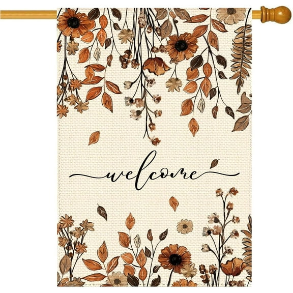 Fall Brown Daisy Floral Welcome Garden Flag 12 x 18 Inch, Autumn Thanksgiving Burlap Double Sided Small Flag Yard House Farmhouse Seasonal Holiday Patio Outside Decoration