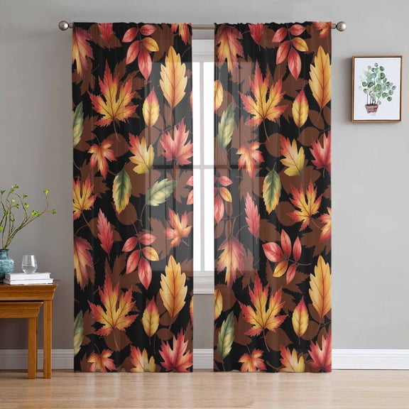 Fall Brown Maple Sheer Curtains 84 Inches Long 2 Panels Set, Window Sheer Curtains for Living Room/Bedroom, Thanksgiving Autumn Leaves Country Rustic Light Filtering Rod Pocket Curtain 52''x84''x2