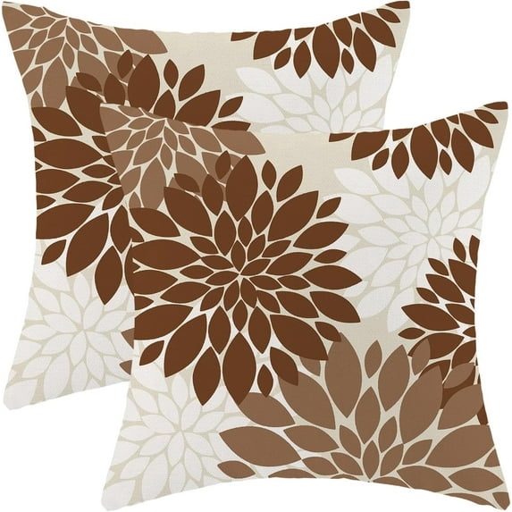 Fall Brown Outdoor Pillow Covers 18x18 Inch Set of 2 Beige White Dahlia Floral Decor Throw Pillows Modern Geometry Flower Decorative Cushion Cases for Sofa Couch Bed Decorations