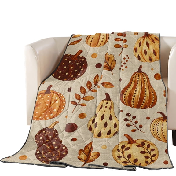 Fall Brown Pumpkin Quilted Comforters Cooling Blanket Oversized Queen Size, Rustic Polka Dot Gourd Leaf Linen Texture Cold Comfort for Hot Sleepers Lightweight Air Conditioning Quilt Blanket for Bed