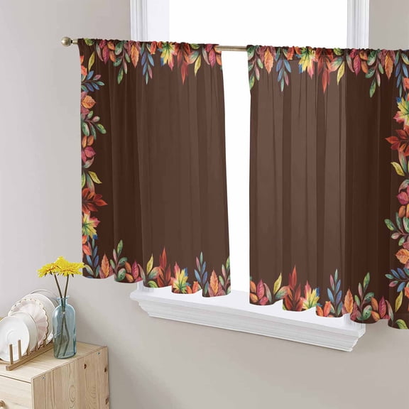 Fall Brown Semi Sheer Curtains 54 Inch Length 2 Panels Set, Maple Leaf Watercolor Vintage Botanical Sheer Kitchen Curtain Privacy Voile Window Curtain for Living Room Bedroom Rod Pocket Drapes