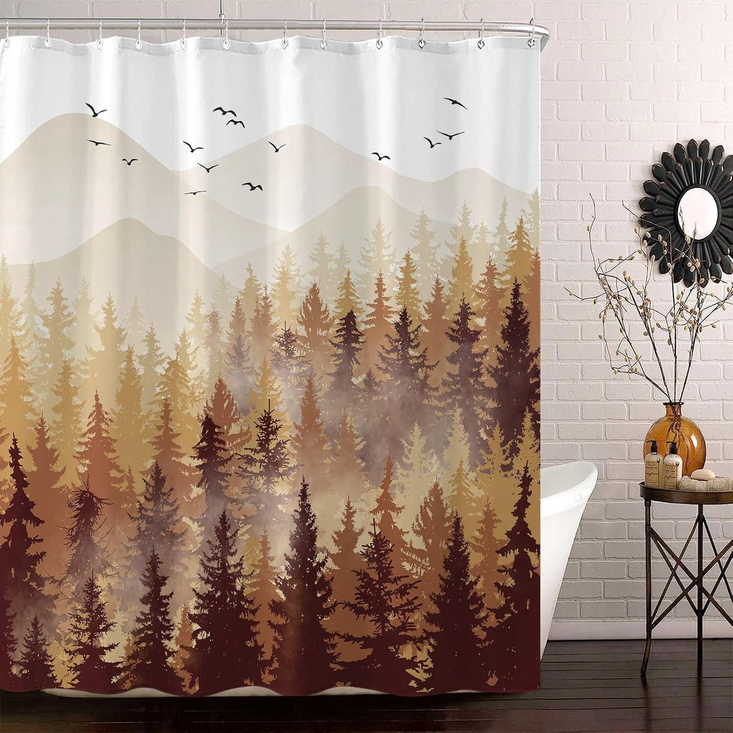 Fall Brown Yellow Misty Forest Shower Curtain Ombre Autumn Nature Foggy Tree Waterproof Fabric Shower Curtains for Bathroom Mountain Woodland Decorative Bath Curtain Decor (72'''' × 72'''')