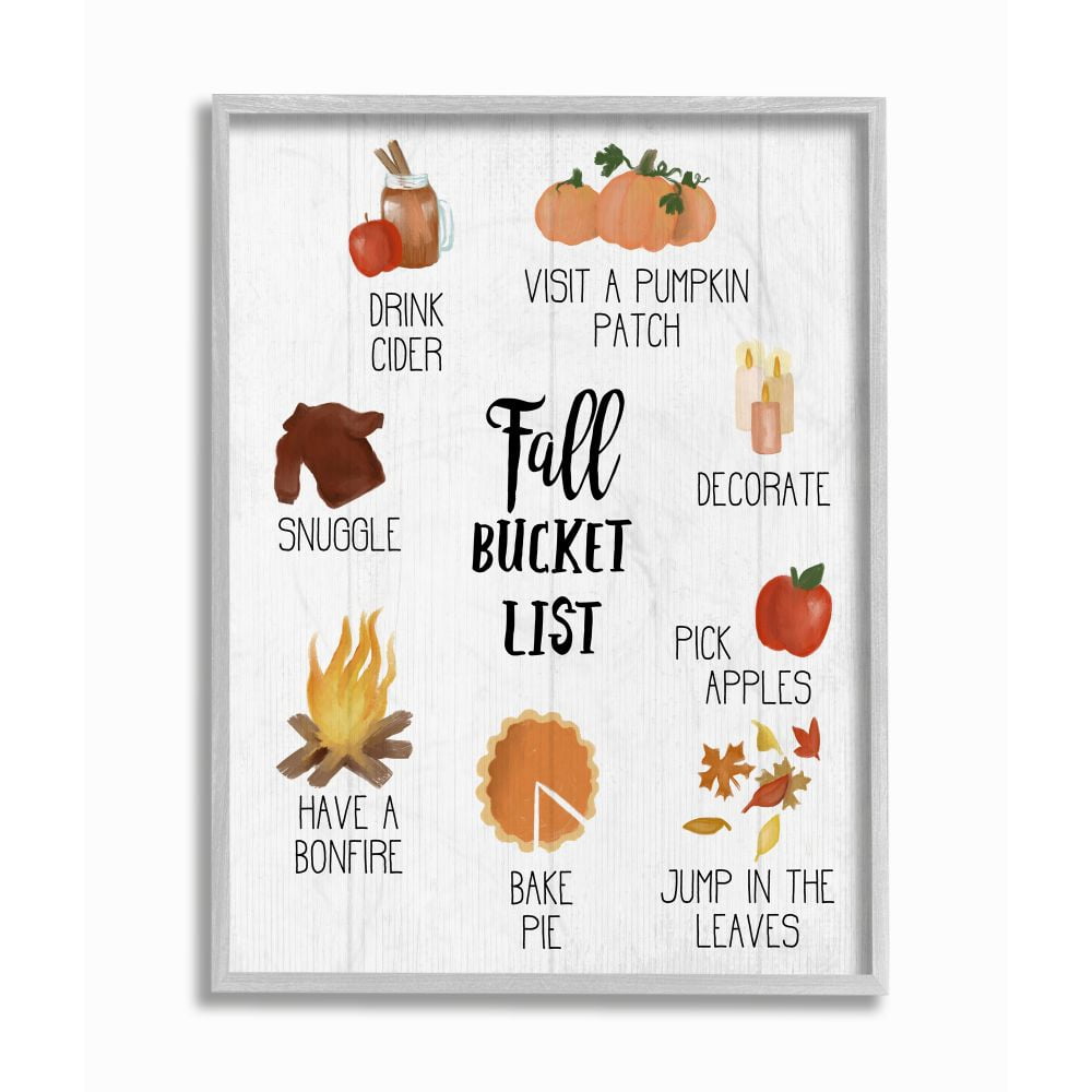 Fall Bucket List Seasonal Items Food Autumn Word Design Gray Farmhouse Rustic Oversized Framed Giclee Texturized Art by Daphne Polselli