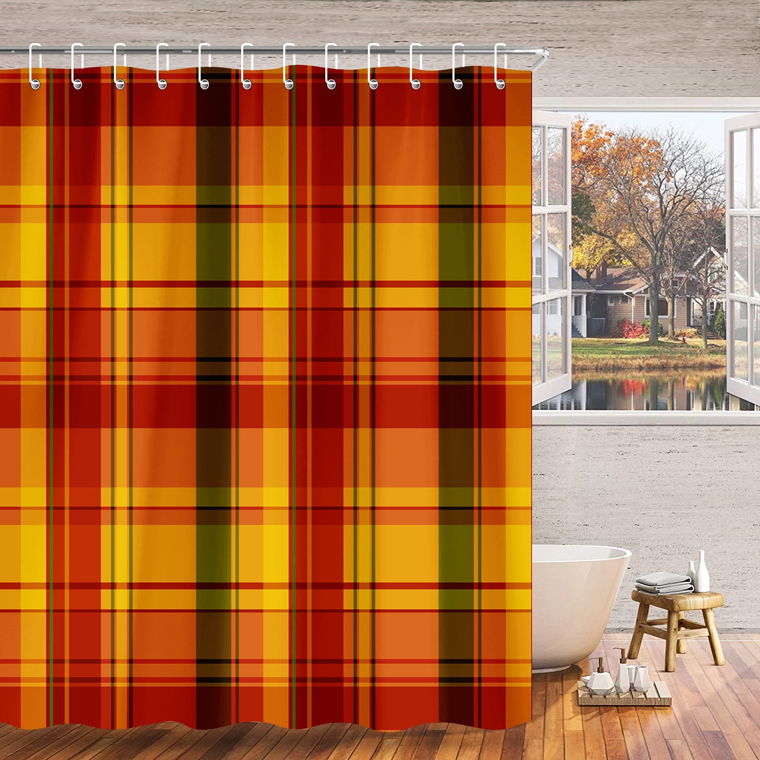Y·JIANG Fall Buffalo Check Shower Curtain - Plaid Gnome Autumn Farmhouse Bathroom Decor, 72x72 Inches, Polyester