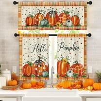 Fall Buffalo Plaid Kitchen Window Curtains and Valances Set 36 Inch, Hello Pumpkin Leaves Vintage Short Tier Curtain for Cafe Living Room Bathroom, Autumn 3 Pieces Set Kitchen Decor