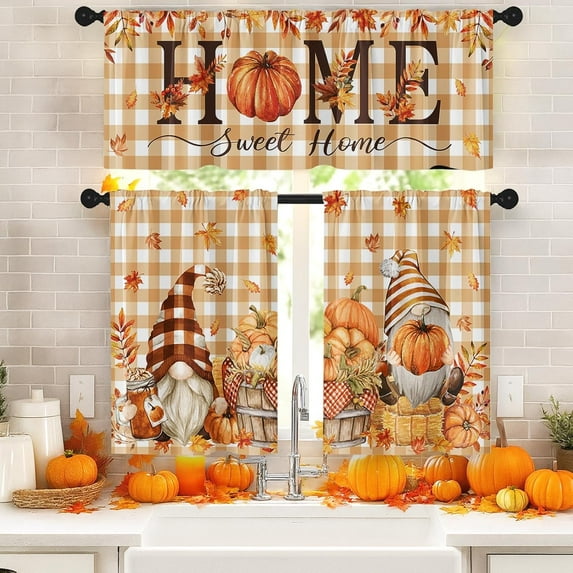 Fall Buffalo Plaid Kitchen Window Curtains and Valances Set 36 Inch, Pumpkins Gnomes Vintage Sweet Home Short Tier Curtain for Cafe Living Room Bathroom, Autumn 3 Pieces Set Kitchen Decor