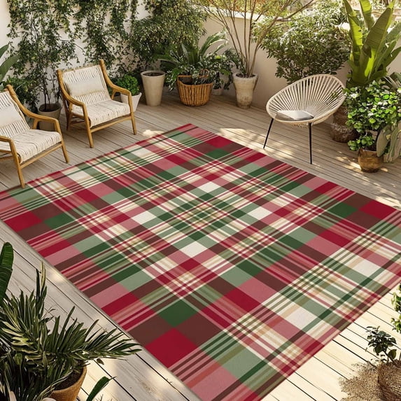 Fall Buffalo Plaid Outdoor Rug for Patio/Deck/Porch, Non-Slip Large Area Rug 6 x 9 Ft, Vintage Red Green Check Farmhouse Indoor Outdoor Rugs Washable Area Rugs, Reversible Camping Rug Carpet Runner
