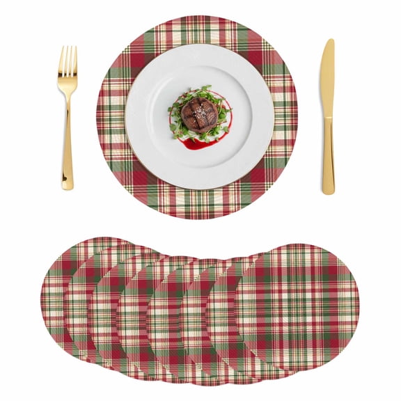 Fall Buffalo Plaid Round 15 Inch Placemats Set of 8, Vintage Red Green Check Farmhouse HeatResistant Non Slip Place Mats for Dining Table, Wipeable Braided Kitchen Table Mats for Housewarming