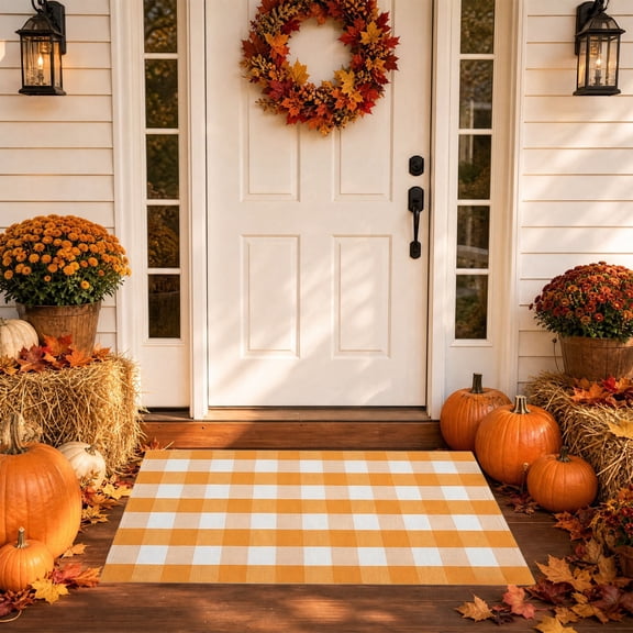 Fall Buffalo Plaid Rug 19.6x31.5",Autumn Halloween Decorations Fall Harvest Farmhouse Orange White Checkered Washable Layering Rug,Thanksgiving Doormat Carpet for Porch,Entryway Holiday Decor-Orange