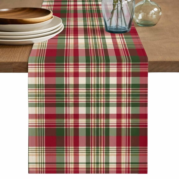 Fall Buffalo Plaid Table Runner, Vintage Red Green Check Farmhouse Washable Cotton Linen Table Runners 36 Inches Long, Dresser Scarf Runner for Nightstand/End Tables/Round Tables 13''x36''