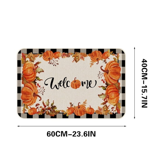 Fall Buffalo Plaid Welcome Doormat Pumpkin Door Mat Thanksgiving Decoration for Farmhouse Party Home Decor Orange