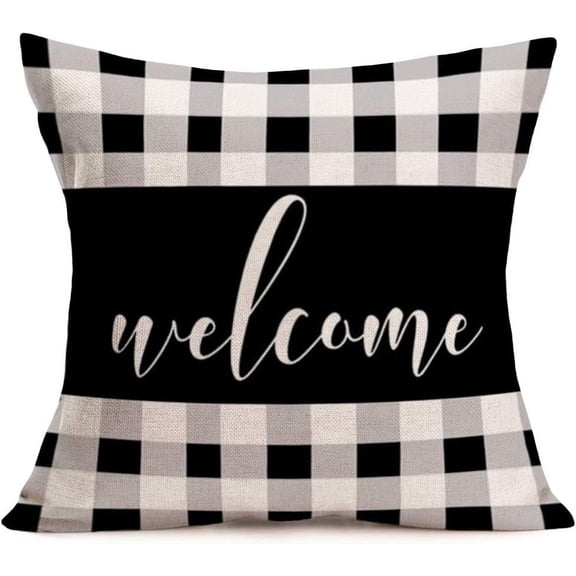 Fall Buffalo Plaid Welcome Pillow Covers 16X16 Inch Cotton Linen Quote Pillow Case Black and White Grid Square Farmhouse Cushion Cover for Sofa Couch Bedroom (Welcome)