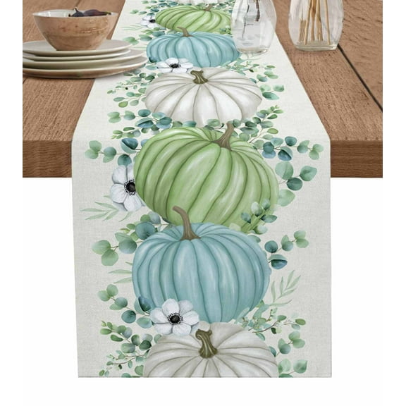 Fall Burlap Cotton Table Runner 13x70 Inches Long, Blue Green Pumpkins Thanksgiving Eucalyptus Leaf Flower Farmhouse Table Runners, Outdoor Dining Tablecloths Decor for Baby Shower/Party/Wedding