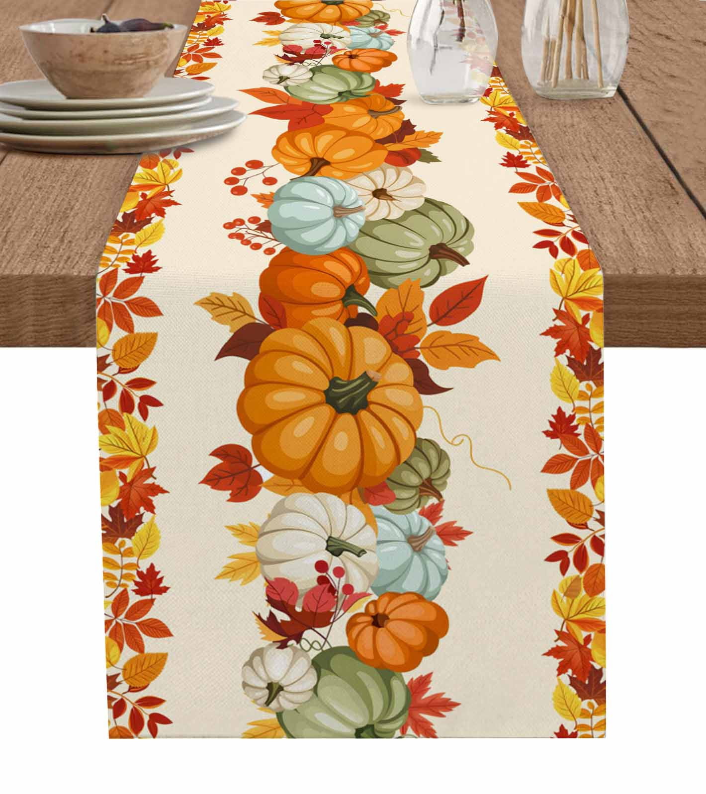 Fall Burlap Cotton Table Runner 14x72 Inches Long, Orange Blue Pumpkins Thanksgiving Farmhouse Maple Leaf Farmhouse Table Runners, Outdoor Dining Tablecloths Decor for Baby Shower/Party/Wedding