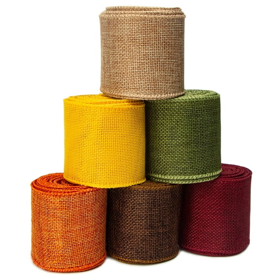 Fall Burlap Ribbon 2.4 Inch x 6 Colors Total 30 Yard Burlap Wired Ribbon, for Holiday Decorative, Gift Wrapping, Floral, Bows