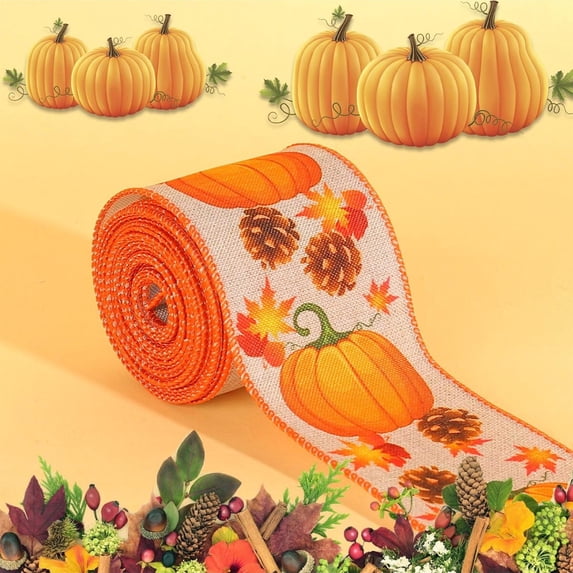 Fall Burlap Ribbon Rolls, 2.4*180 Inch Wired Wrapping Ribbon Buffalo Plaid Pumpkin Truck Turkey Maple Harvest Fall Ribbon Thanksgiving Wreath Decoration for Autumn Craft Bow Gifts Making