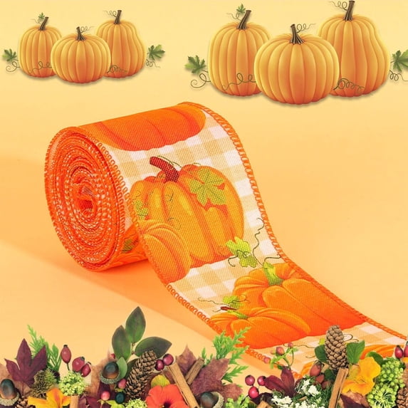 Fall Burlap Ribbon Rolls, 2.4*180 Inch Wired Wrapping Ribbon Buffalo Plaid Pumpkin Truck Turkey Maple Harvest Fall Ribbon Thanksgiving Wreath Decoration for Autumn Craft Bow Gifts Making