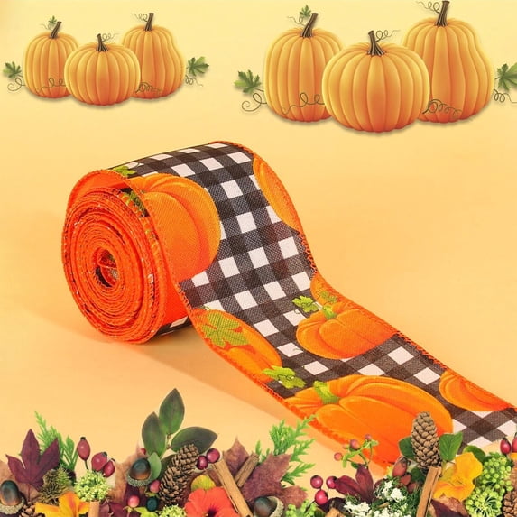 Fall Burlap Ribbon Rolls, 2.4*180 Inch Wired Wrapping Ribbon Buffalo Plaid Pumpkin Truck Turkey Maple Harvest Fall Ribbon Thanksgiving Wreath Decoration for Autumn Craft Bow Gifts Making