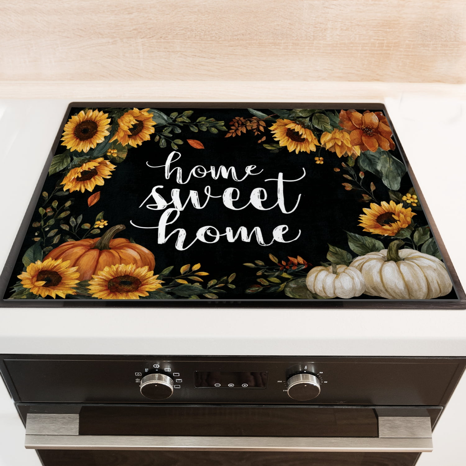 Fall Burner Covers for Electric Stove, Yellow Sunflowers Pumpkins with Leaves Non-slip Stove Top Covers, Heat Scratch Resistant Protector Mat for Kitchen RV (28×20 Inch)