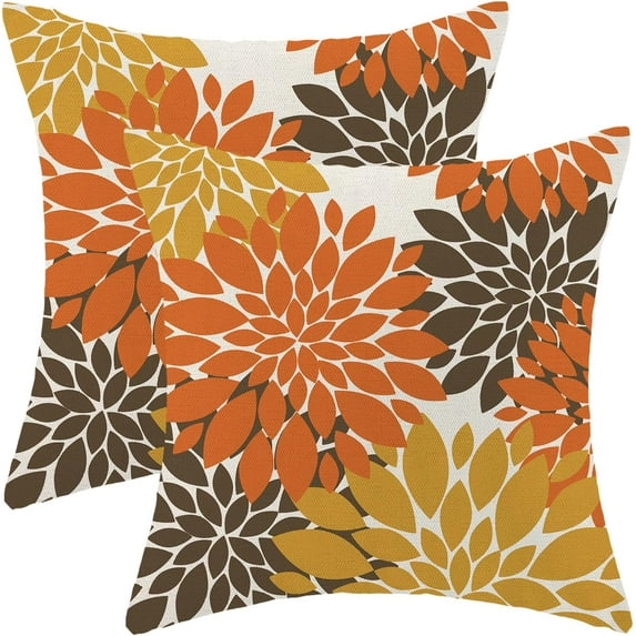 Fall Burnt Orange Outdoor Pillow Covers 18x18 Inch Set of 2 Mustard Yellow Brown Dahlia Floral Decor Throw Pillows Modern Geometry Flower Decorative Cushion Cases for Sofa Couch Bed Decorations