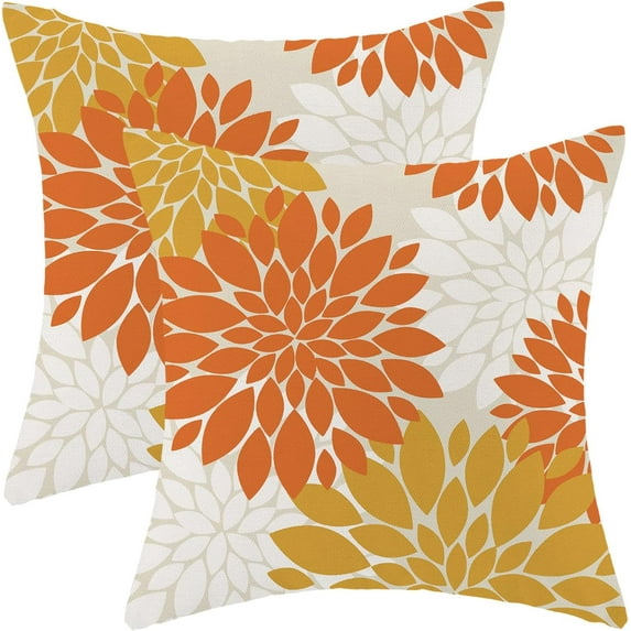 Fall Burnt Orange Outdoor Pillow Covers 18x18 Inch Set of 2 Mustard Yellow White Dahlia Floral Decor Throw Pillows Modern Geometry Flower Decorative Cushion Cases for Sofa Couch Bed Decorations