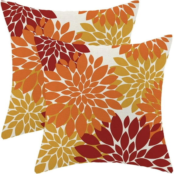 Fall Burnt Orange Outdoor Pillow Covers 18x18 Inch Set of 2 Red Mustard Yellow Dahlia Floral Decor Throw Pillows Modern Geometry Flower Decorative Cushion Cases for Sofa Couch Bed Decorations