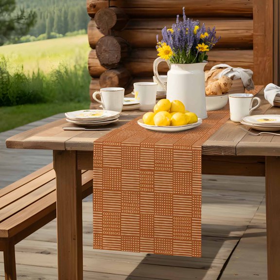 Fall Burnt Orange Plaid Stripe Table Runner 70 Inch Long Modern Minimalist Style Table Runners Linen Burlap Tablerunner for Kitchen Dining Room Holiday Party