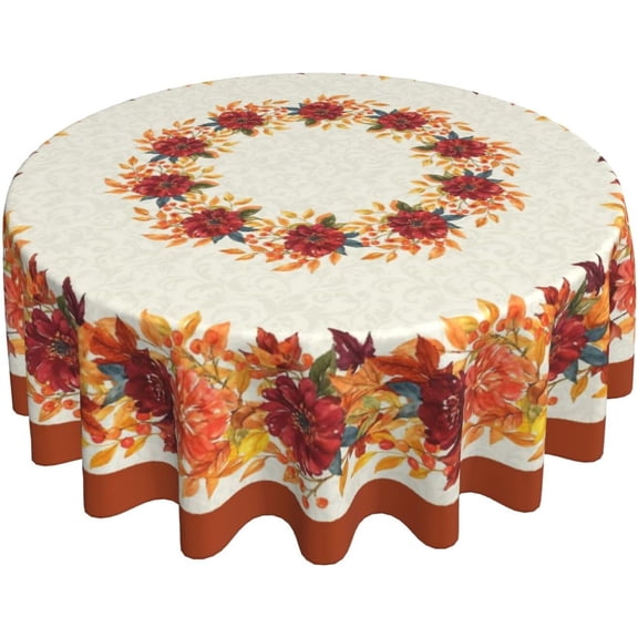 Fall Burnt Orange Red Floral Maple Leaf Round Tablecloth 60 Inch Rustic Farmhouse Decorative Table Cloths Washable Table Cover for Home Party Seasonal Holiday Kitchen Dining Decor